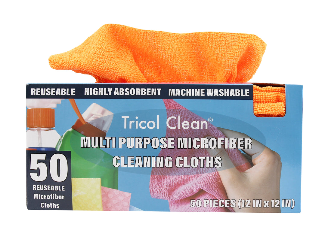 Tricol Clean Profesional Resuable Lint Free Microfiber Edgeless Cleaning Cloth Rag 50pk in Dispenser Box for Housekeeping, Car Cleaning (12 * 12