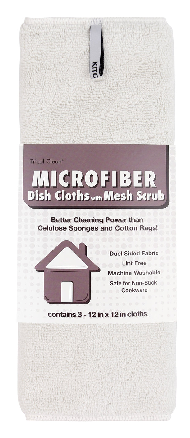 Microfiber Dish Cloths with Mesh Scrub, 3 Pack, White