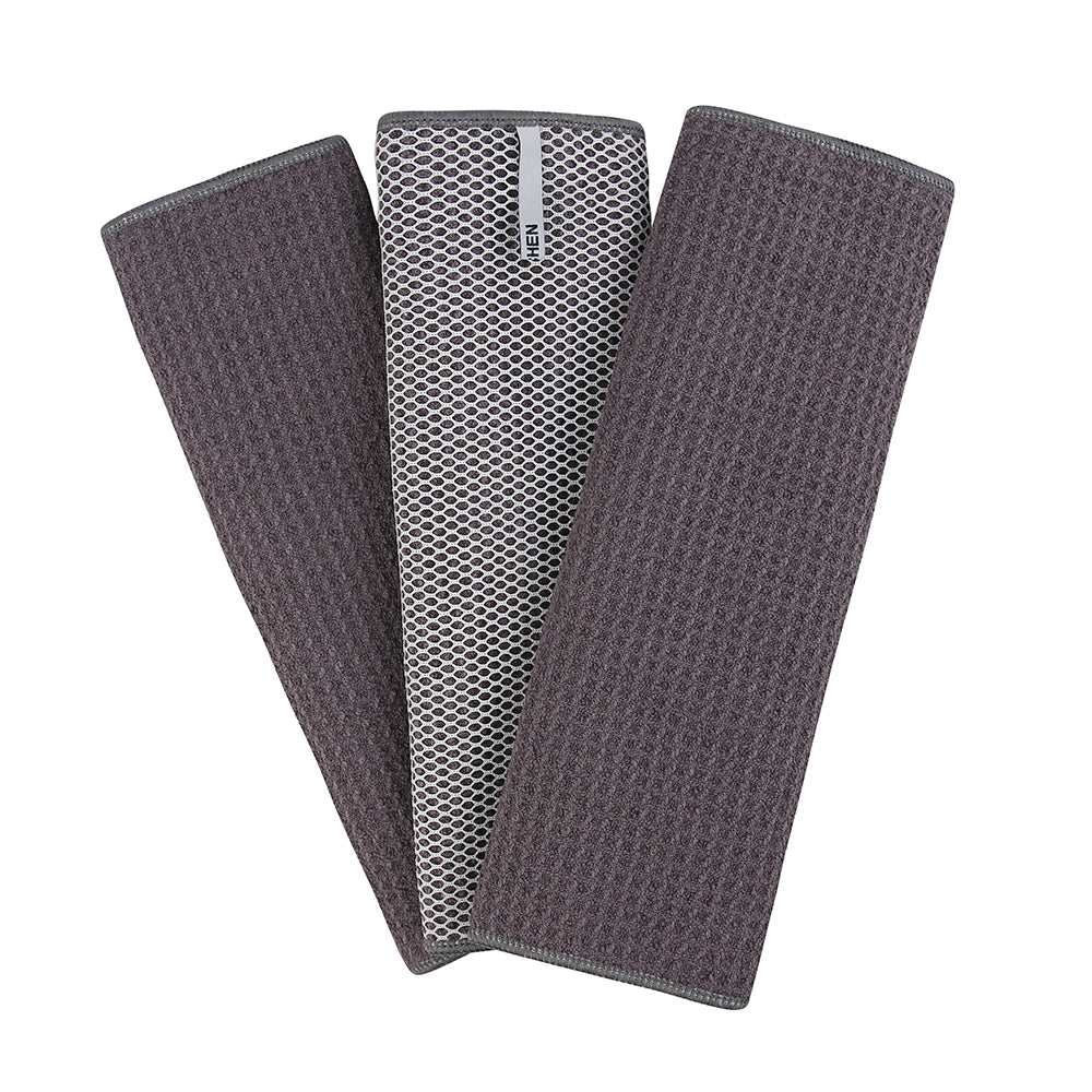 Recycled Honeycomb Dish Cloths w/ Mesh Scrub for Kitchen, 3-Pack Towels, Charcoal
