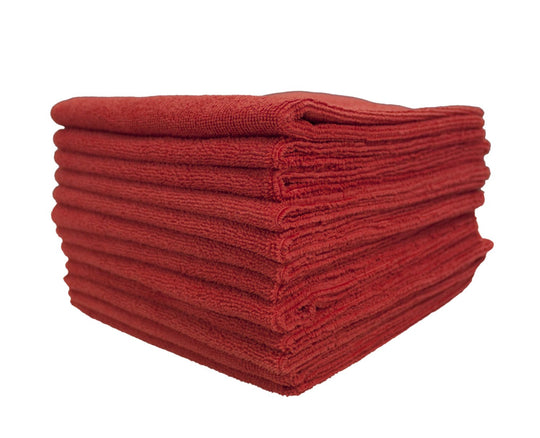 Commercial Grade Microfiber Cleaning Cloths, 12 Pack - Red for Bathroom & Sanitation Surfaces