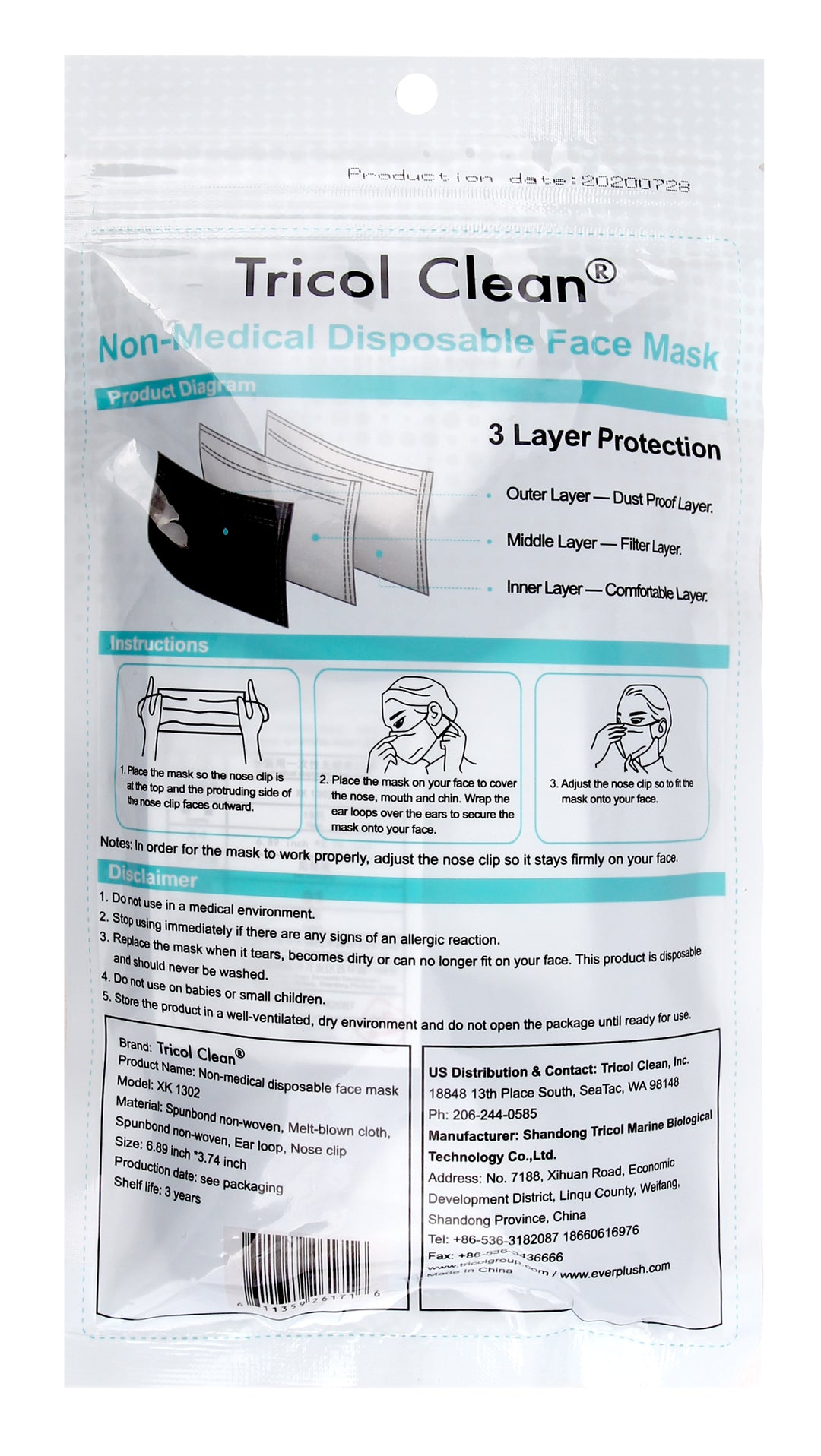 Disposable 3 Ply Face Mask in Black, 10 PK (non-medical)