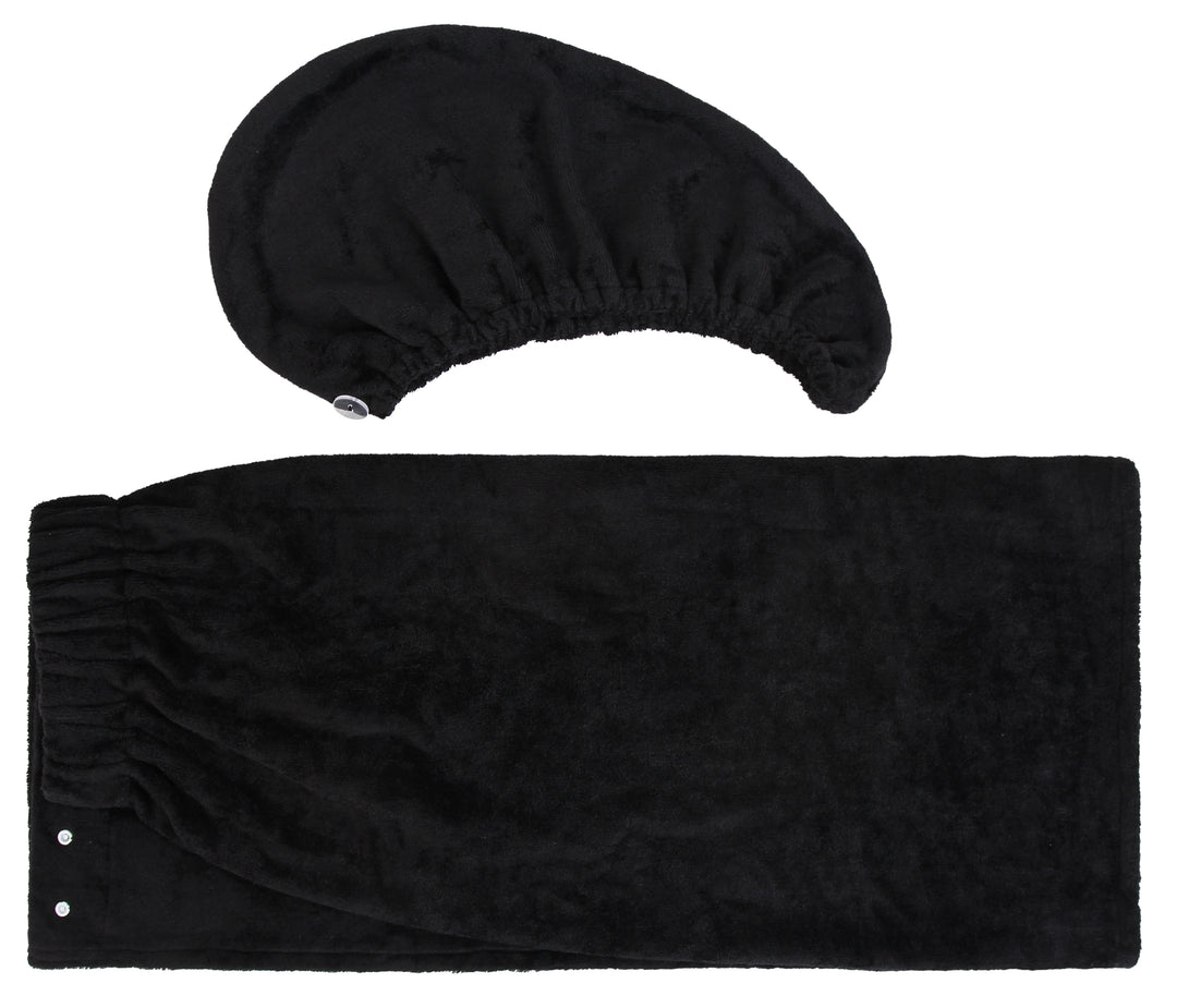 Extra Plush Bath Wrap + Hair Turban Set - Midnight Black